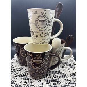 Set of 4 Home Essentials Coffee Themed Embossed Coffee Cups/Mugs with Spoon